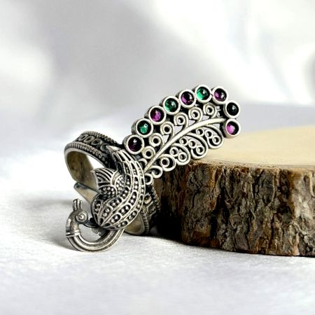 92.5 Sterling Silver Peacock Cocktail Adjustable Statement Ring